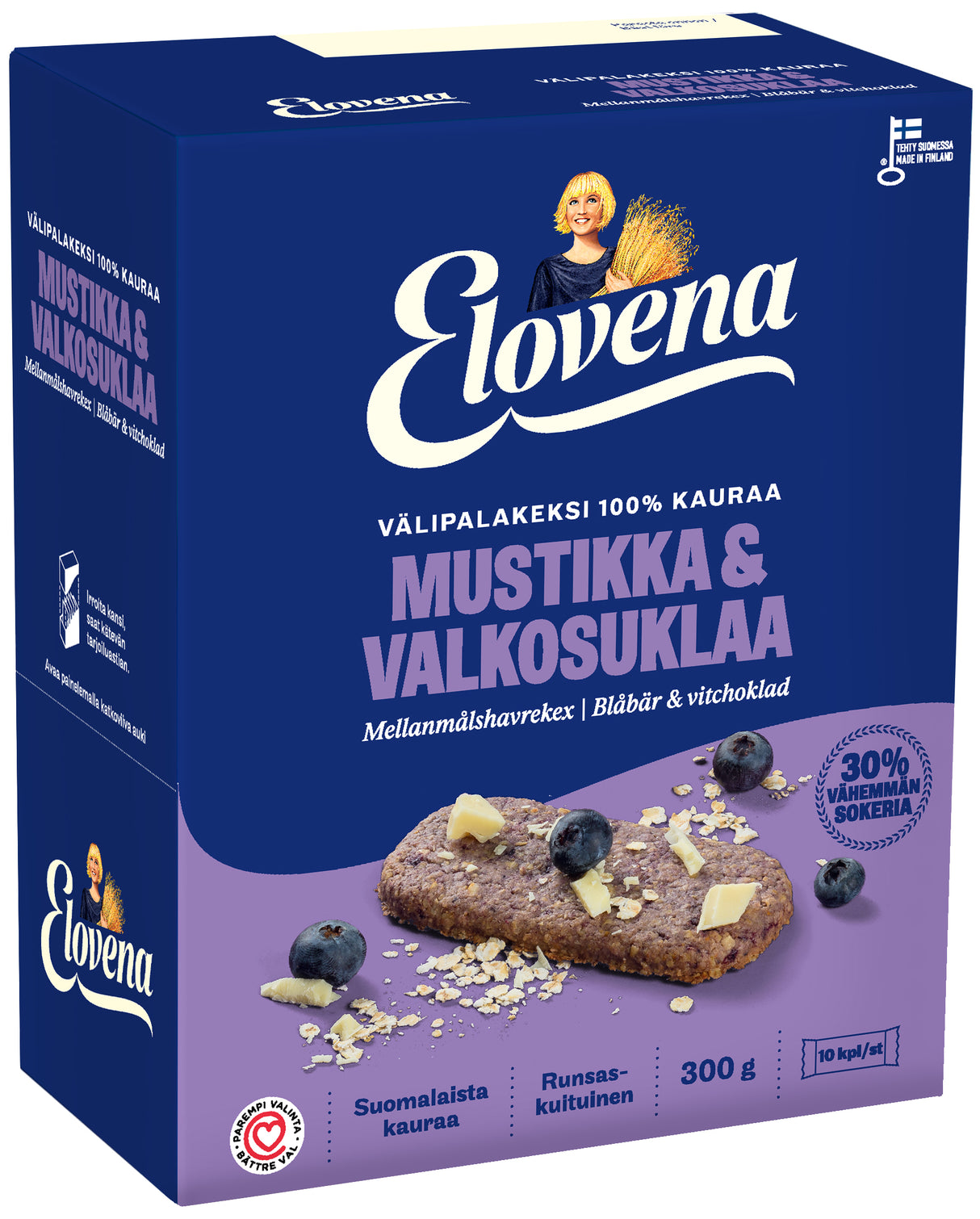 Elovena 10x30g mustikka-valkosuklaa täysjyvä välipalakeksi 100% kauraa