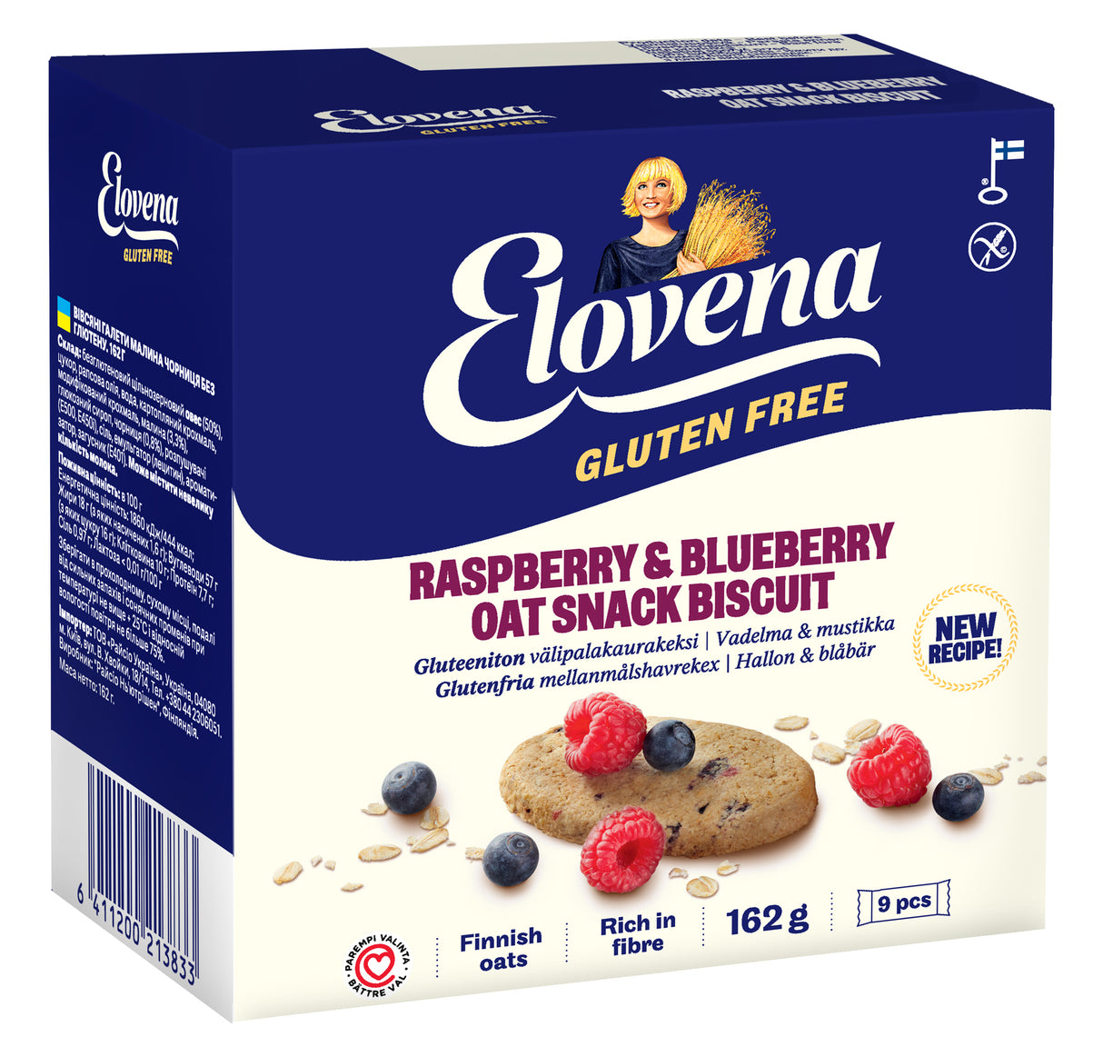 Elovena 9x18g gluten free raspberry-blueberry oat snack biscuit