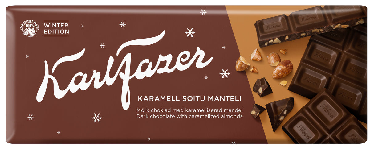 Karl Fazer Karamellisoitu Manteli Tumma Suklaa Winter edition suklaalevy 200 g Huom! parasta ennen 24.10.2024