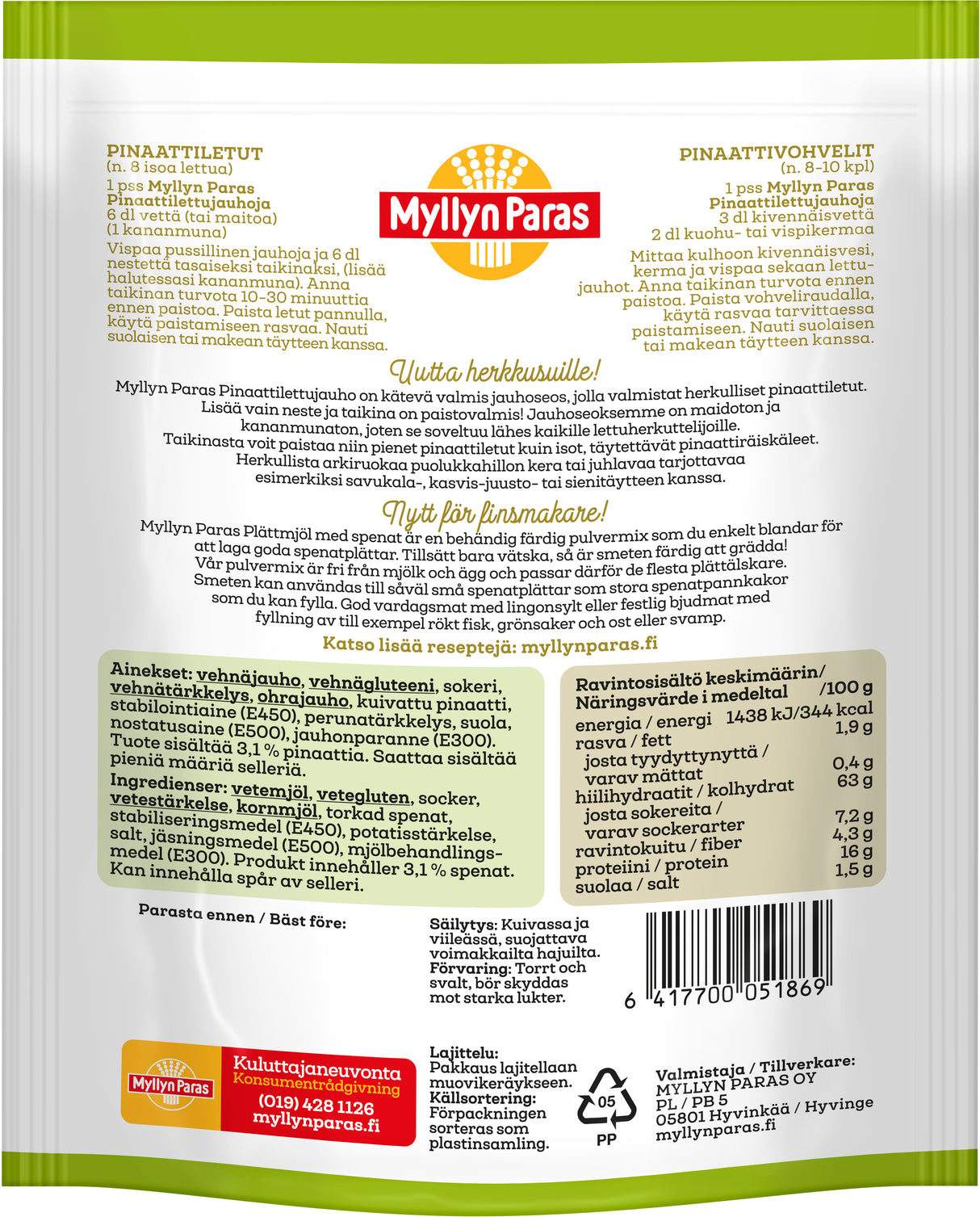 Myllyn Paras Pancake flour with spinach 250g